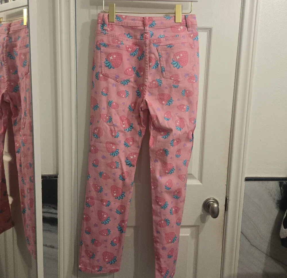 Sugar Thrillz Pink Strawberry Print Straight Leg Jeans - Picture 2 of 7
